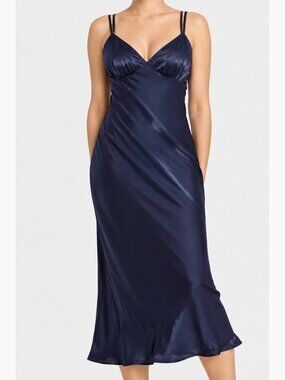 NWT, SZ L, Bias Cut Satin Midi Dress, Iridescent Blue